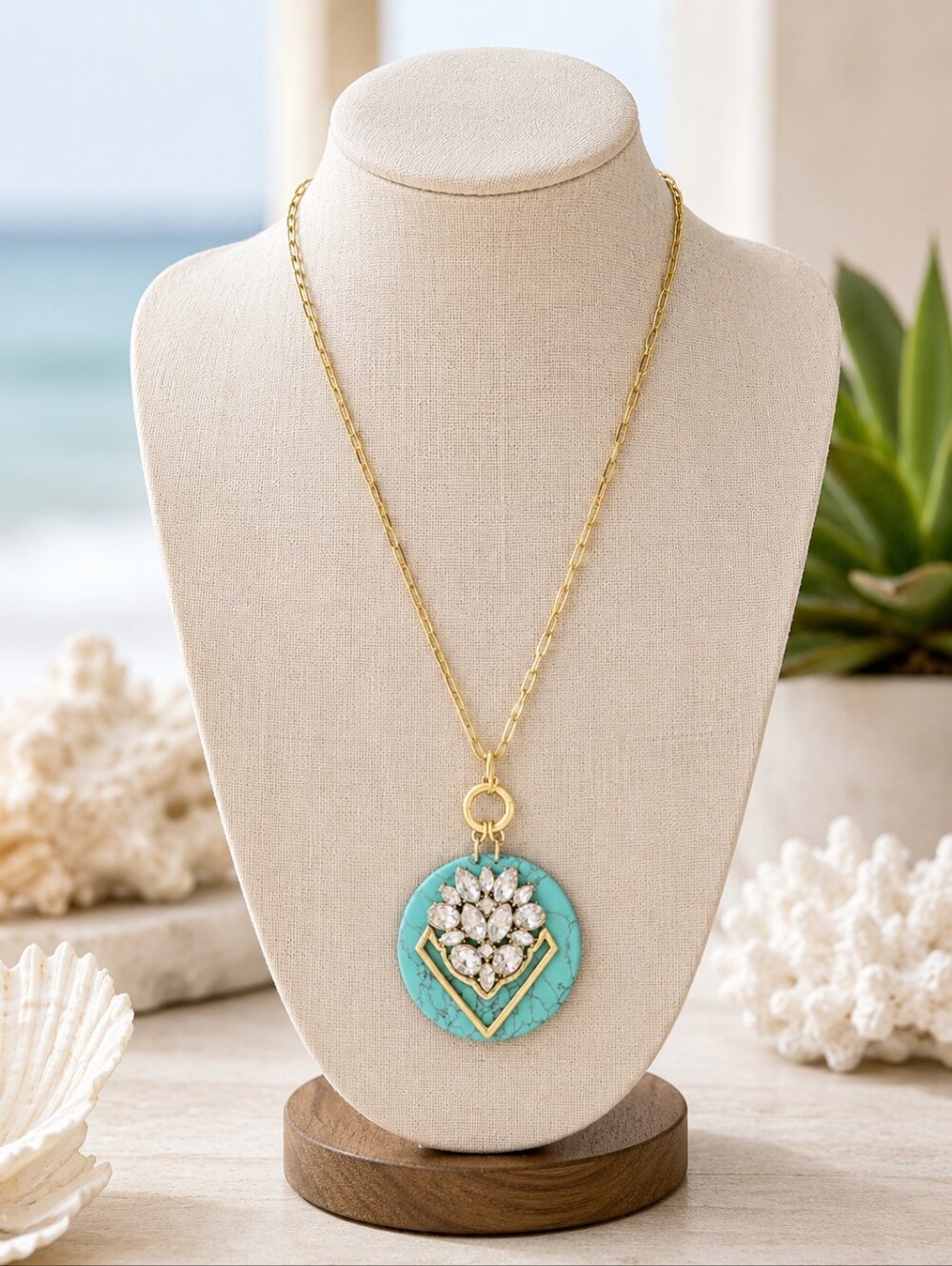 Gold Chain Turquoise Pendant Necklace with Crystal Accents
